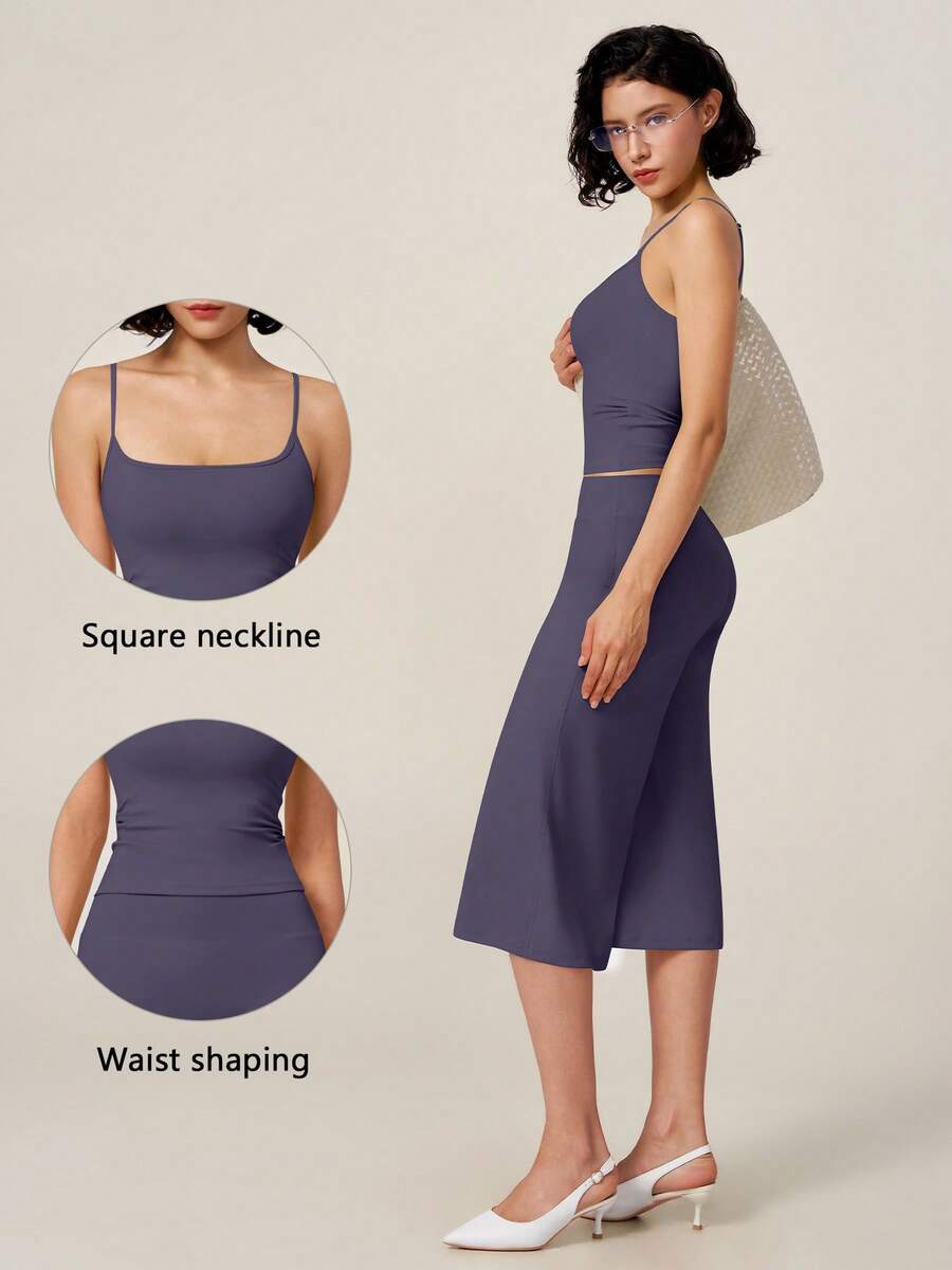 TimeOff Women's One Set Solid Color Adjustable Strap Camisole & Wide Leg Mid-Length Pants Sports Set - Purple - View 1