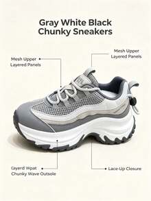 2026 Autumn/Winter New Chunky Sneakers, Thick Sole, Fashionable, Beautiful, Commuting, Outdoor, Travel, Campus, Versatile Lace-Up Gym - Grey - View 11