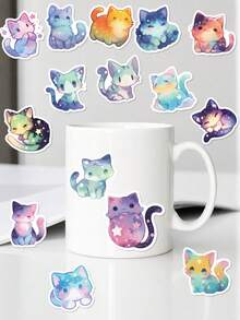 50Pcs Gradient Nebula Kitten Pp Stickers, Cartoon Patterns Of Pink‑Blue‑Purple Iridescent Galaxy Cats, Suitable For Luggage, Helmet, Guitar, Scrapbook, Water Bottle - Multicolor - View 6