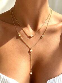1pc Charming Rhinestone Double Layer Gold Y-Shaped Long Necklace For Women, Elegant Sparkling Rhinestone Tassel Gold Double Layer Sweater Chain For Women, Suitable For Daily Wear, Perfect Lucky Gift For Friends And Family - Gold Double Layer - View 3