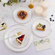 50/25/10/1pc Premium Gold Rim Plates, 7.5 Inch And 10.25 Inch, Modern Minimalist Style Gold Rim Round Plates, Suitable For Wedding Desserts, Appetizers, Parties, Halloween, Christmas, Banquets And Restaurant Use, High-End Tableware And Plates - C - View 3