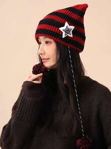Yabby Style Handmade Cute Five-Star Cat Ear Striped Knitted Protective Headwear Women Ear Protection Windproof Woolen Hat - A - View 4