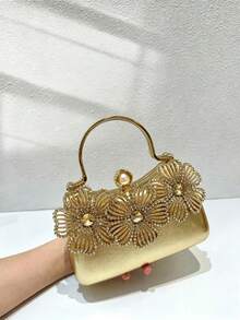 Women Gold Evening Clutch Bag, Curved Hard Frame Purse, 3D Hollow Rhinestone Floral Pattern, Luxury Elegant Handbag For Wedding Prom Formal Part - Gold - View 6