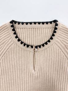 Women's Cream Ribbed Knit Dress, Long Sleeve Design, Fashion Mini Length, Decorated With Contrasting Fan-Shaped Trim, Autumn - Apricot - View 7