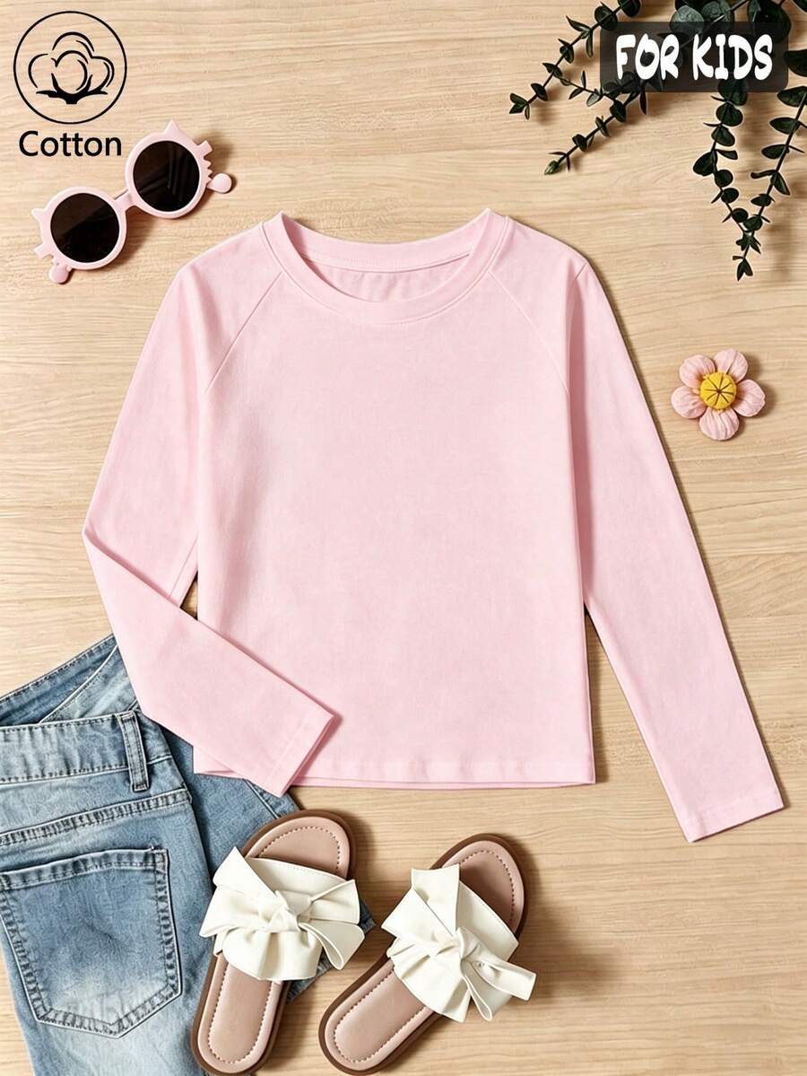 Autumn/Winter Ribbed Pure Cotton Long-Sleeved Top For Girls, Casual, Sporty And Preppy Style - Baby Pink - View 1