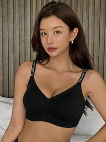 DAZY Non-Underwire Jelly Soft Support Camisole Lettered Shoulder Strap Anti-Sagging Racerback Seamless Bra - Black - View 4