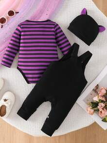 2pcs Set Baju Terusan Bayi Perempuan Lucu Lengan Panjang Bergaris & Topi, Tipis untuk Liburan Musim Semi/Gugur - Purple - View 3