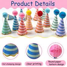 派對帽 多色條紋蜂巢球生日紙帽 馬卡龍燙金錐形帽（蜂巢球顏色隨機）寵物貓狗生日帽 成人派對頭飾 性別揭曉 Baby Shower 派對 男孩女孩裝飾 適合聖誕節、萬聖節、家庭聚會及各種派對 - 彩色 - 查看 7