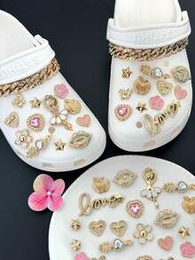 25pcs Gantungan Sepatu Balet Wanita Warna Rose Gold, Rantai Hati, Bibir, Apel, dan Apel, Aksesoris Gesper Sepatu Paduan Logam DIY - Emas - View 7