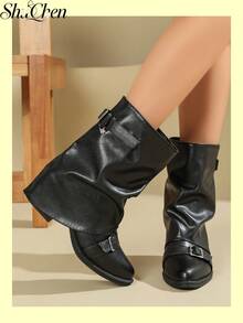 Booties For Women, Slouch Fold Over Mid Calf Slip On Boots With Decorative Buckles, Chunky Heel Fashion Versatile Fall Shoes For Daily Street Outfits - Black - View 5