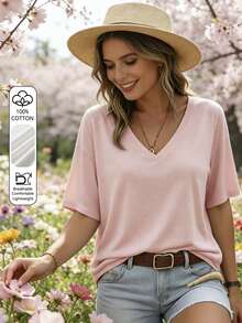 純棉布料 100% 棉 女款 T 恤上衣 粉色短袖 V 領 春夏休閒款 - 粉色 - 查看 8