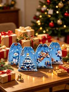 50pcs/25pcs/1pc Christmas Blue Drawstring Gift Bag - Includes Snowman, Santa Claus, Reindeer, And Christmas Tree Designs; Suitable For Christmas Party Gift Wrapping, Winter-Themed Party Souvenirs, And Christmas Dinner Favors. - One Size Fits All - View 2