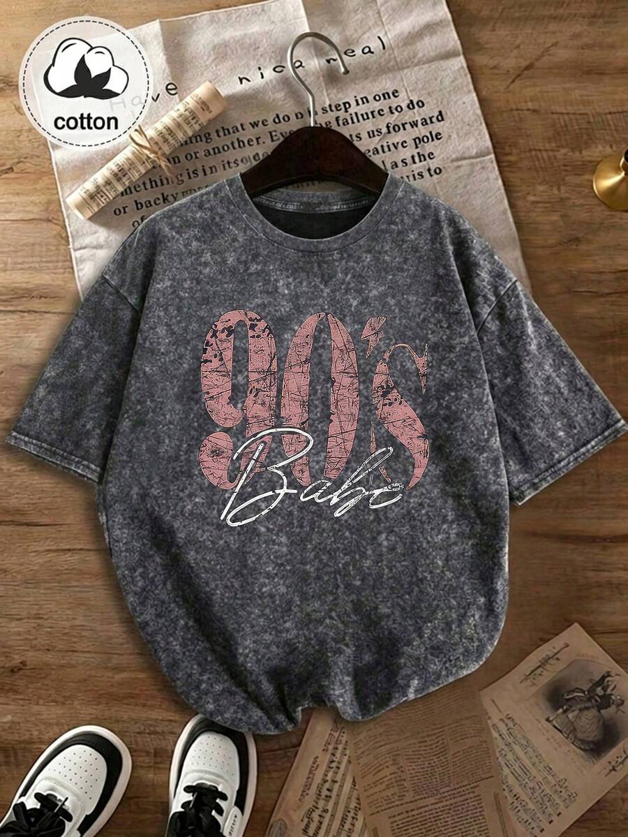 90s Retro Print Plus Size Women's T-Shirt - Casual Short Sleeve Crew Neck Washed Top Summer - Black and Gray - View 1