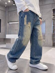 Tween Boys' Distressed Wide Leg Denim Jeans With Slanted Pockets - Medium Wash - View 11