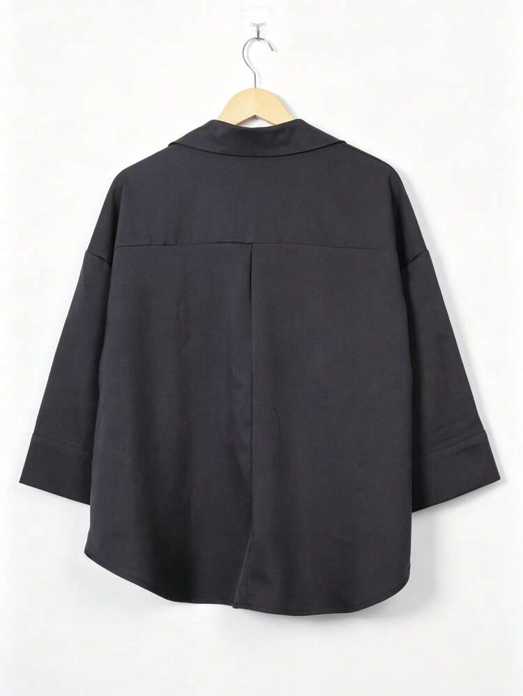 Plus Size Women's Vintage Elegant Shirt Collar Button-Down Blouse, Kimono Style Long Sleeve Shirt Black - Black - View 4