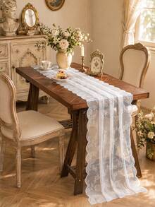 1pc Floral Lace Table Runner Vintage Wavy Edge Hollow Out Table Cloth Wedding Dining Table Decor Coffee Table Cover - White - View 4