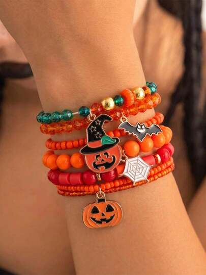 Halloween Funny And Cute Pumpkin Bat Pendant Bracelet Set With Creative Personalized Letter Soft Clay Bead Bracelet Chain