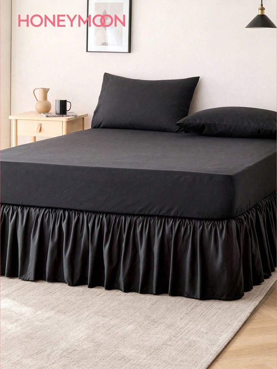 HONEYMOON 1pc Basic Lightweight Ruffle Bed Skirt, Classic Style, Soft & Fashionable, 100% Microfiber Material, 16 Inch Drop, Suitable For Home Bedding, School Dorms, Back To School Essential, Black - Black - View 1