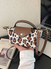 Dedoo 女款迷你餃子斜挎包 豹紋帆布搭配PU翻蓋 按扣開合 可調節肩帶 輕量款 秋冬日常女用 - 米色 - 查看 6