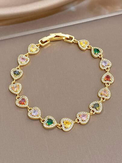Luxury Vintage 18K Gold Plated Rainbow Heart Pave Colorful Zirconia Tennis Chain Bracelet For Women,Daily Party/Christmas/Birthday Gift/Y2K/Halloween