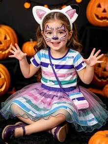 Girls Summer Birthday Party Gift Halloween Carnival Cosplay Striped Print Dress + Skirt Set Kids Costume Dress Random Color - Pink - View 1