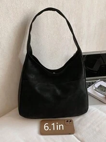 極簡風純色女款單肩包 時尚百搭大容量收納托特包/可折疊通勤收納包 - 黑色 - 查看 8