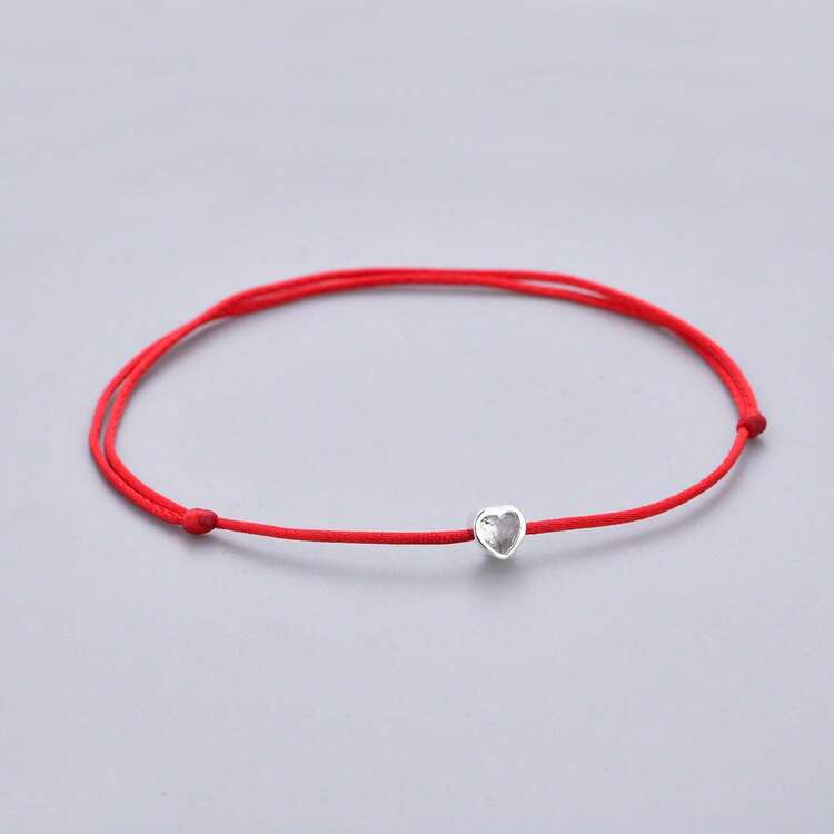 1pc S925 Sterling Silver Heart-Shaped Zirconia Thin Rope Anklet, Adjustable Black/White/Red Cord, Minimalist Couple Fine Anklet Silver Accessory - Silver - View 6