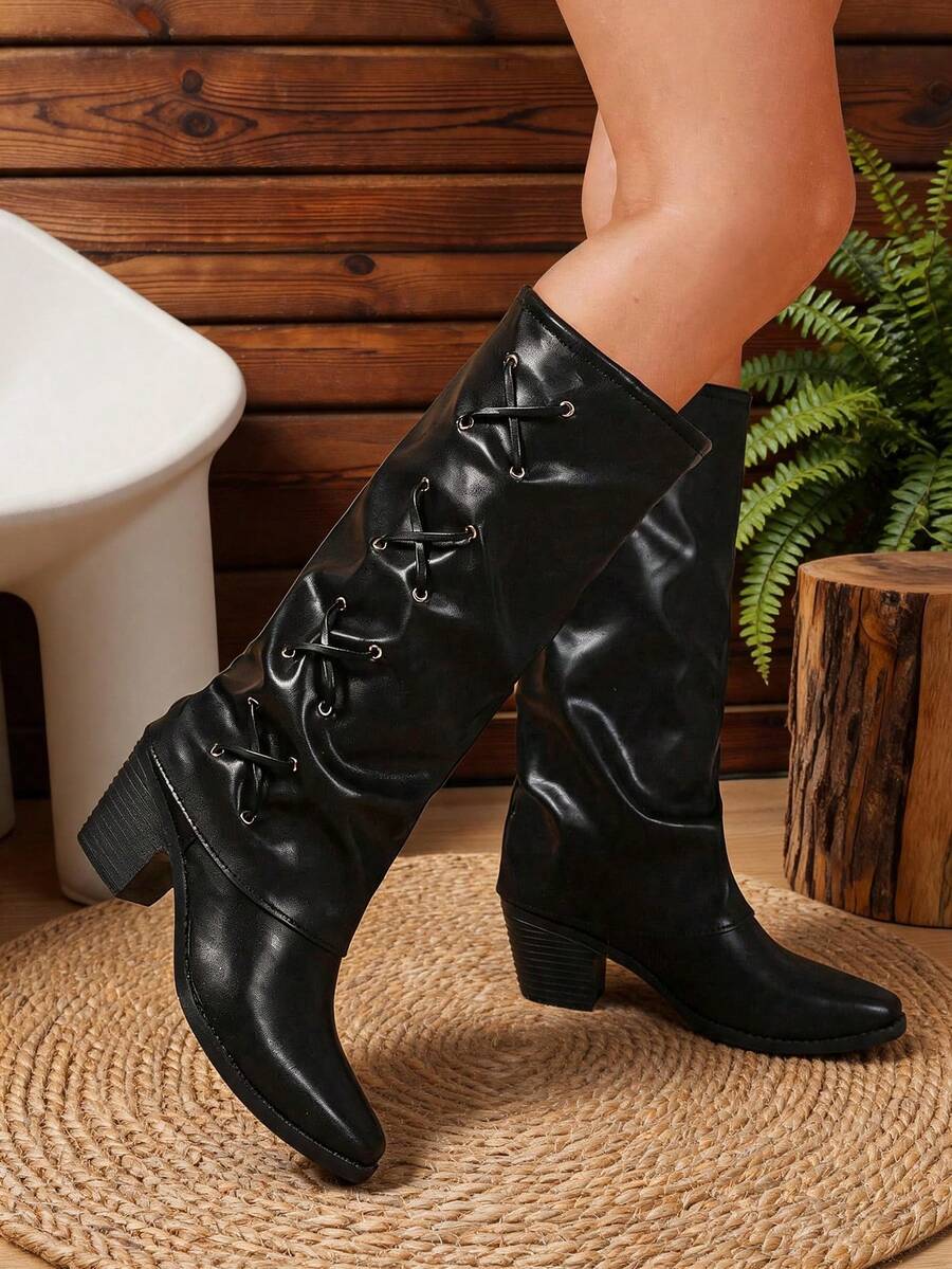 Fangyu Women's New Autumn/Winter Chunky Heel Pointed Toe Pant Boots, Fashionable European And American Style Versatile Tall Boots - Black - View 1