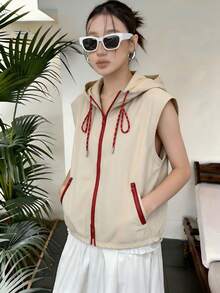 Women's Sleeveless Vest Tank Top, Fashionable Contrast Color Zipper Hooded Drawstring Unlined, Lightweight Versatile Comfortable, Daily Outings, Vacation - Khaki - View 1