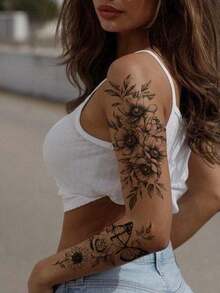 5pcs Black Floral Temporary Tattoo Stickers, Includes Lotus, Butterfly, Gemstone Pendant, Rose Combination Designs, Realistic Effect, Suitable For Women And Girls' Body Stickers And Body Decoration - Black - View 6