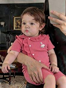 Baby Girl Pink Swan Embroidery Romper, Ribbed Soft Infant Jumpsuit, Side Snap Closure - Pink - View 1