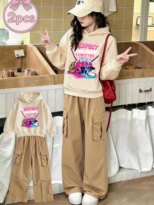 Girls' Creative Baseball Cap Print, Apricot Hooded Sweatshirt & Khaki Cargo Pants 2 Pieces Set, Minimalist Design, Suitable For Spring, Autumn And Winter Wear, Comfortable And Relaxed - Apricot - View 2