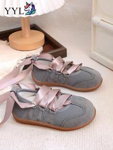 1 Pair Fashionable Versatile Ballet Style Lace-Up Flat Shoes, Suitable For Spring, Summer, Autumn, 2026 New Arrival - Grey - View 3