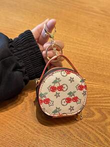1pc New Fresh Floral Print Mini Round Handbag With Metal Chain, Crossbody Storage Pouch With Zipper And Key Ring, Cute Versatile Creative Mini Bag For Girls, Can Be Carried Alone Or Hung On Large Bag - Apricot - View 3