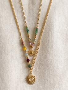 Juego de 2 collares de acero inoxidable con colgante de sol a prueba de decoloración, collares de doble cadena apilables con cuentas de colores, joyería de moda para mujer, regalo - Multicolor - Ver 5