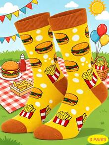 1/3/5 pares de calcetines de media caña para hombre con temática de comida rápida, patrón de hamburguesa y papas fritas amarillo brillante, diseño lindo de comida chatarra, adecuado para uso diario y como regalo de cumpleaños festivo - Multicolor - Ver 9