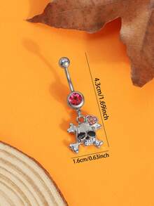 1pc Rhinestone Skull Belly Ring, Pink Rhinestone Heart-Shaped Middle Jewelry, Gothic Halloween Women's Navel Ring - Style 1 - View 5
