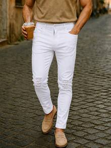 American Casual Daily Commute Versatile Pure White Distressed Ripped Slim Fit Stretch Slimming Casual Cropped Tapered Leg Jeans For Men - White - View 1