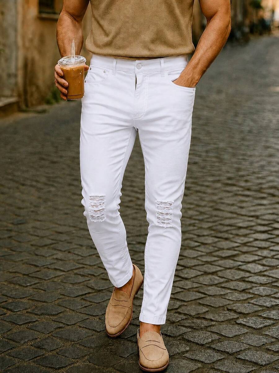 American Casual Daily Commute Versatile Pure White Distressed Ripped Slim Fit Stretch Slimming Casual Cropped Tapered Leg Jeans For Men - White - View 1