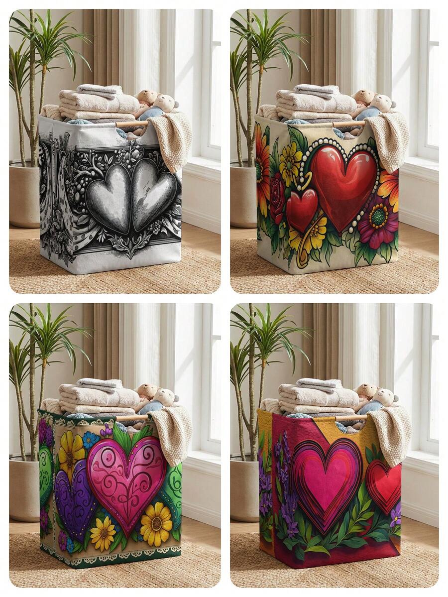 1PC Storage Basket, Laundry Hamper, Washing Basket, Storage Bucket, Heart‑Pattern Printed Design, Storage Basket With Wooden Handle, Foldable Multi‑Purpose Storage Bin, For Daily Clothes Storage & Organization - Multicolor - View 1