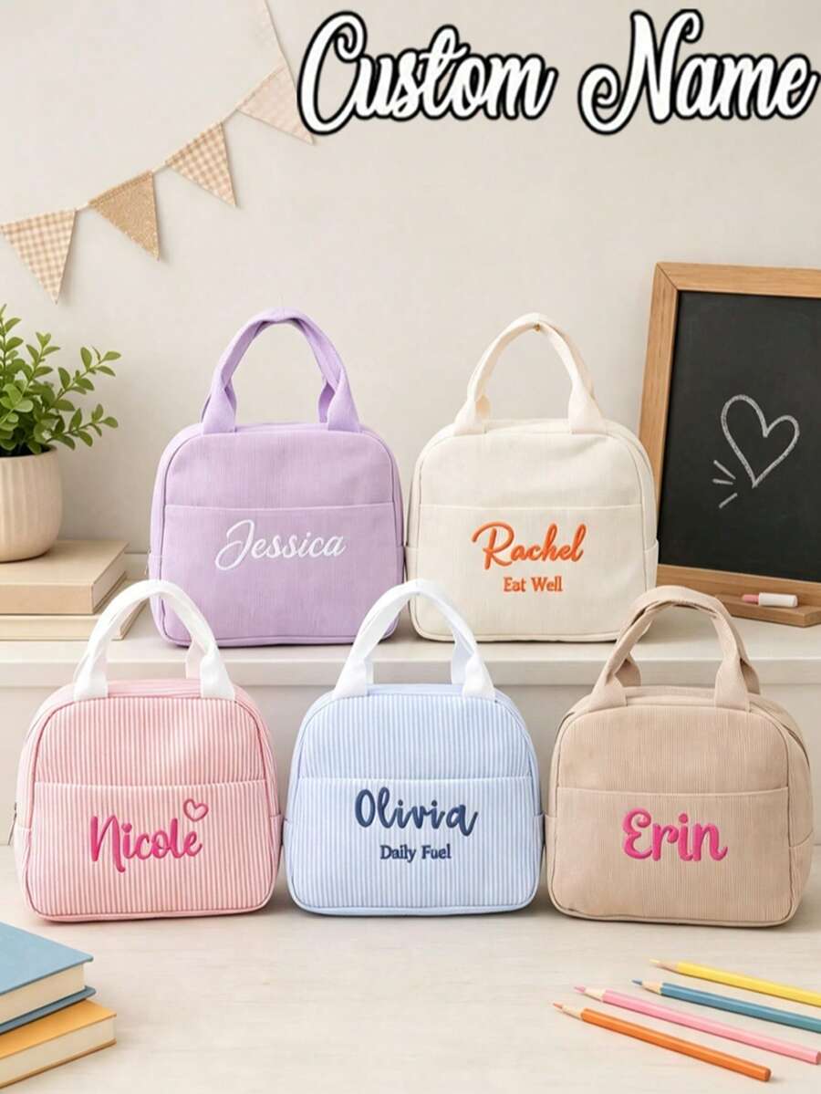 Tas Bekal/Kotak Bekal Terisolasi yang Dipersonalisasi, Kotak Bekal Corduroy Kustom (Bisa Ditulis Nama), Tas Bekal Jinjing, Tas Bekal yang Dapat Digunakan Kembali, Hadiah Kembali ke Sekolah, Perlengkapan Penting untuk Sekolah dan Kerja, Hadiah untuk Wanita - MultiWarna - View 1