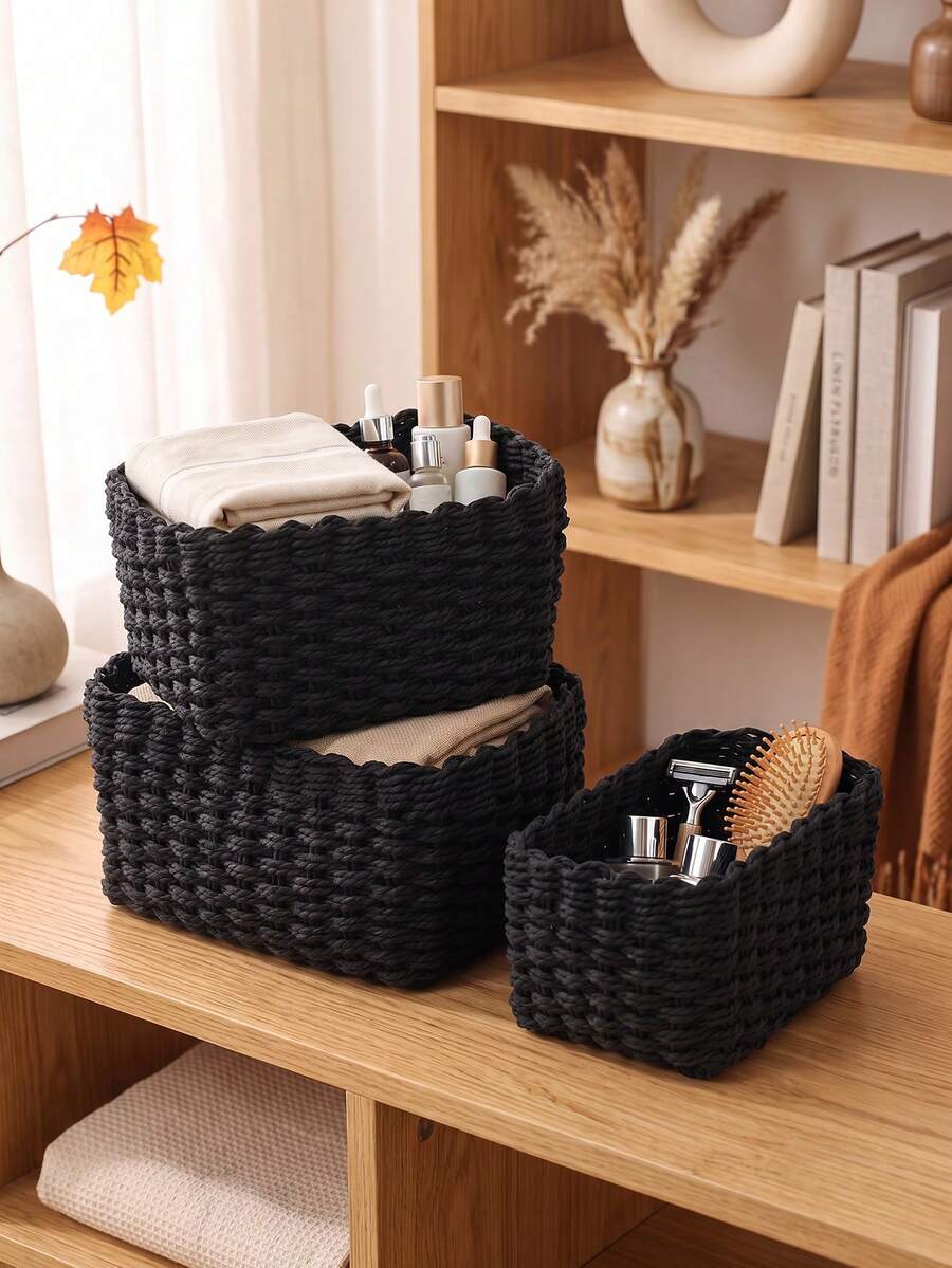 1pc/3pcs Handwoven Paper Rope Storage Basket Set, For Home Organization & Storage, Suitable For Living Room, Bedroom, Cabinet, Office, Home Decoration, Farmhouse Decor (Small + Medium + Large), Shelf Baskets, & Valentine's Day Decoration
