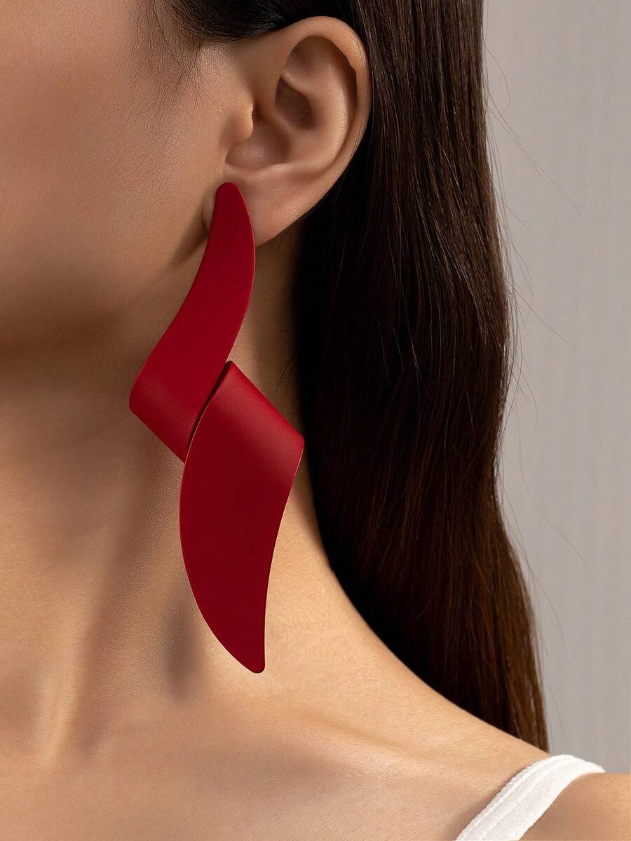 1 Pair Exaggerated Bold Polished Metal Geometric Connected Earrings Studs Dangle - Red - View 1