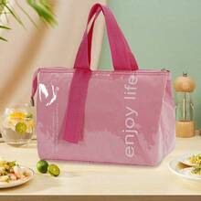 Rectangular Letter Print Lunch Tote Bag, Glossy PU Outer Layer, Contrast Color Handle, Zipper Closure, Aluminum Foil Lining, Large Capacity Insulated Lunch Bag, Suitable For Women, Work, Office, Picnic, Beach, Camping, Travel, Spring/Summer Daily Use - Multiple Styles - View 15