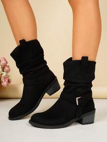 Women's Faux Suede Mid-Calf Ankle Boots With Buckle Chunky Heel Western Style Ruched Stacked Boots Commuter Boots - Black - View 3