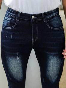 Men's New Autumn/Winter Vintage Deep Blue Gradient Slim Fit Stretch Jeans, Flattering Versatile Casual Denim Pants - Dark Wash - View 3