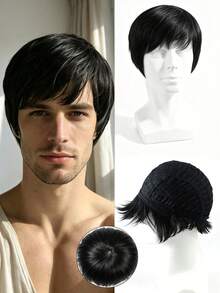 Men Short Layered Wig With Side Fringe, Trimmable Natural Synthetic Heat Resistant Hair Wig, Breathable Wig Cap For Daily Wear & Costume - Multicolor - View 3