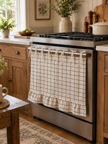 Farmhouse Ruffle Oven Skirt, Lace Tie Stove Skirt Curtain, Floral Gingham Grid Geometric Print Kitchen Oven Curtain For Christmas And Halloween Home Kitchen Decor - White - View 4