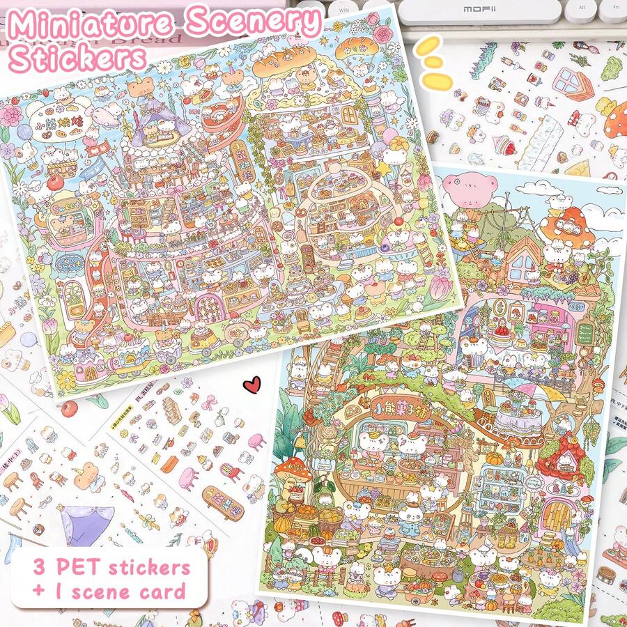 3D Stereoscopic Fun Scene Stickers, 3 Sheets Sticker Material + 1 Scene Card + 1 Effect Image/Pack, Oversized 33.9*25.2cm, Scrapbook Stickers, Suitable For Gifts, Office, Home, Classroom, Entertainment Toys, Student Scrapbook