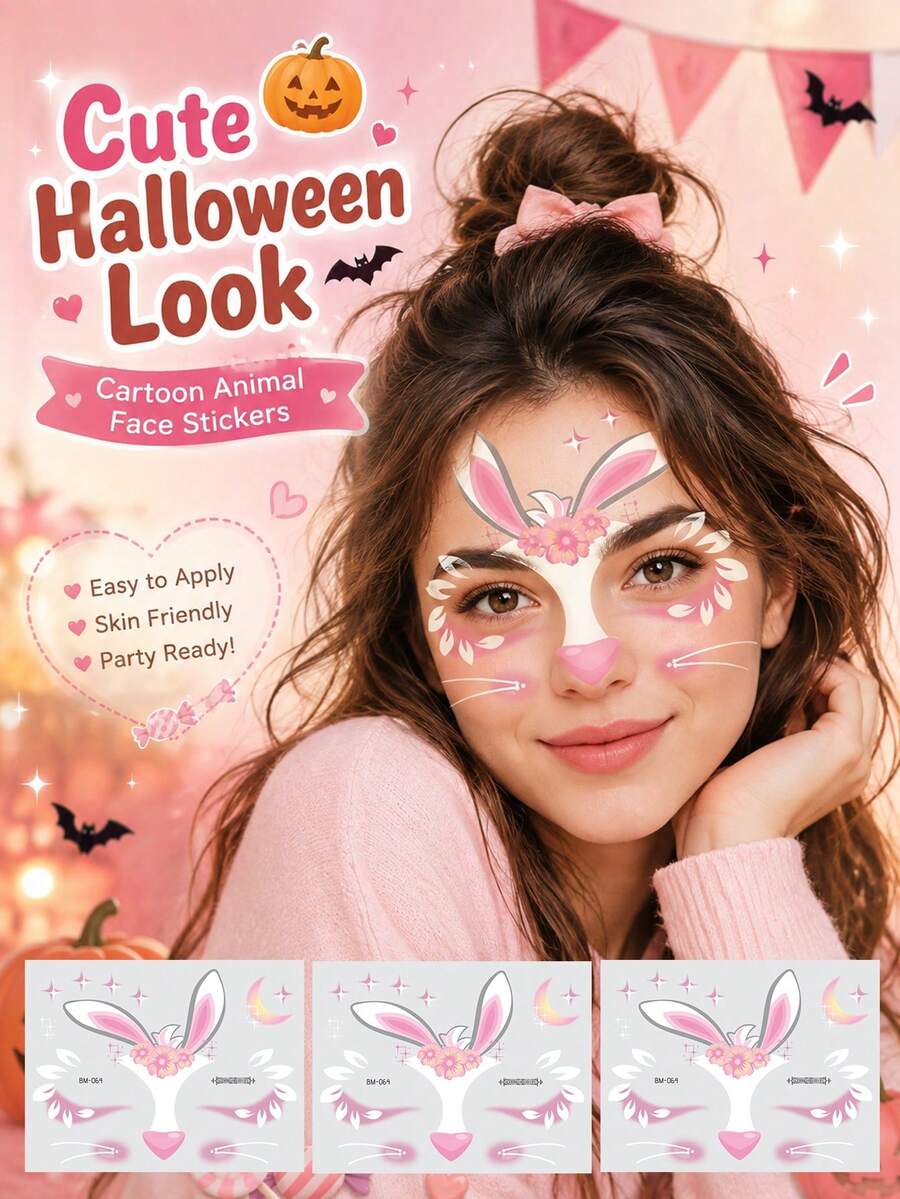 Cute Bunny Face Temporary Tattoo Stickers, Pink Rabbit Cartoon Face Decals, Waterproof Long-Lasting Skin-Friendly Costume Makeup For Halloween, Easter, Carnival, Birthday Party, Festival & Cosplay - Multicolor - View 1